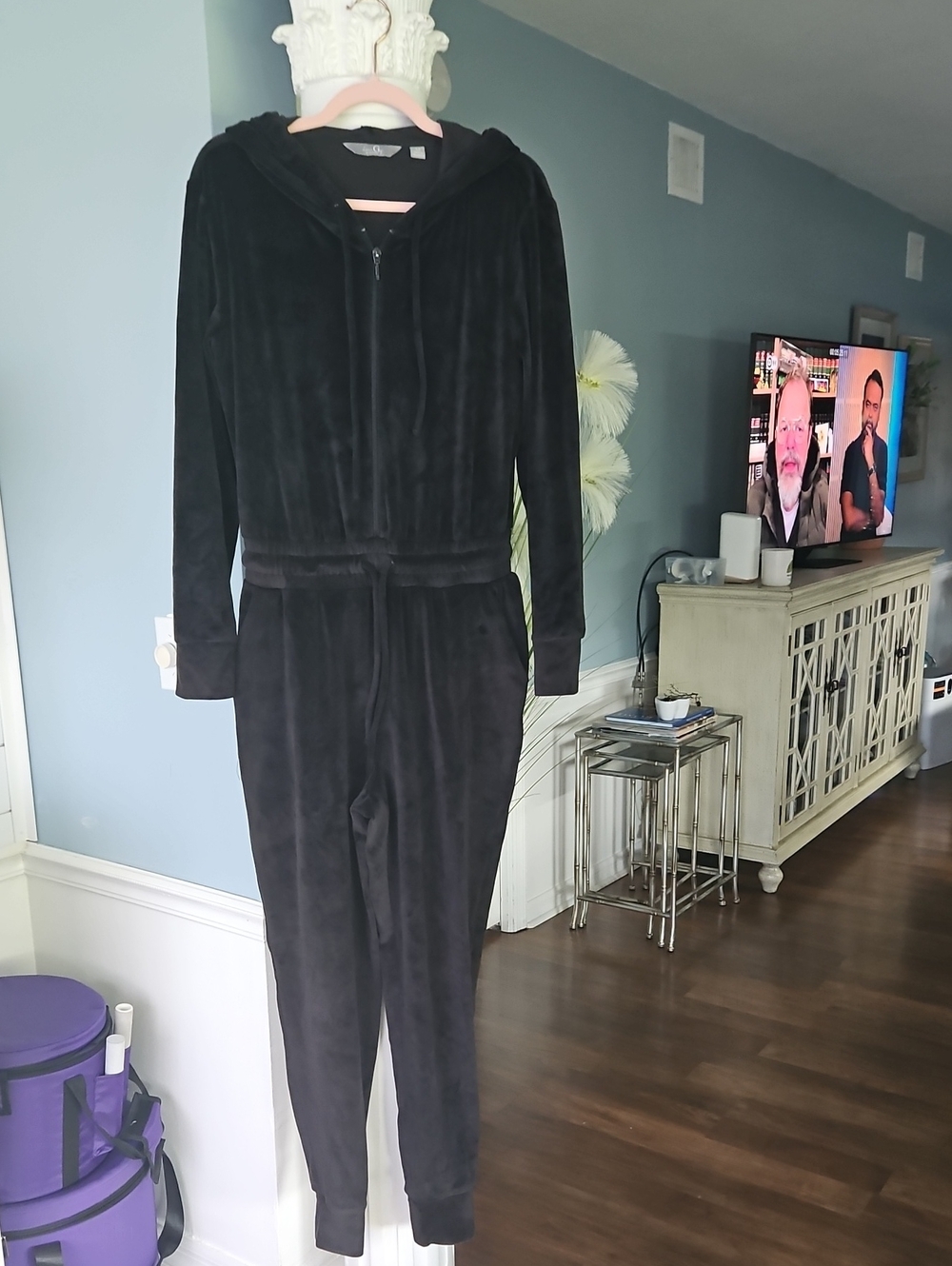 Black Hooded Velour Jumpsuit - Women's Cozy Zip-Front One-Piece